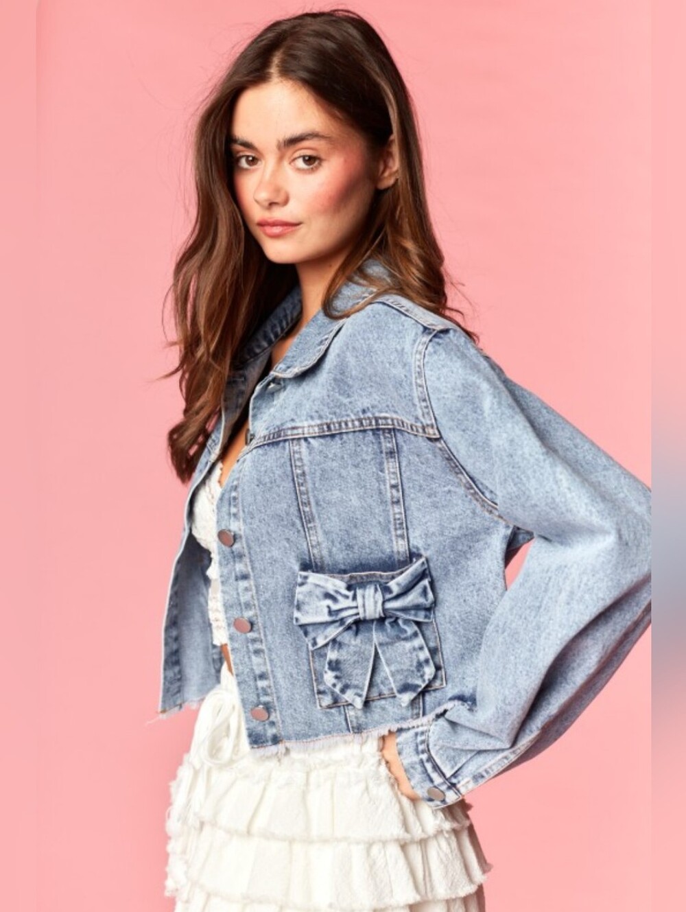 Denim Bow Pocket Cropped Jacket S M L